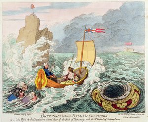 Britannia Entre Escila y Caribdis, o El Barco de la Constitución esquivando la Roca de la Democracia y el Remolino del Poder Arbitrario, publicado por Hannah Humphrey en 1793